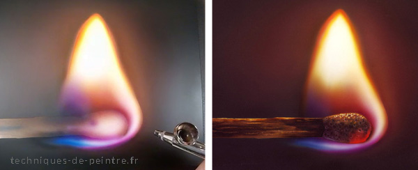 Flamme d’allumette peinte à l’aérographe grâce au mélange optique des couleurs 
